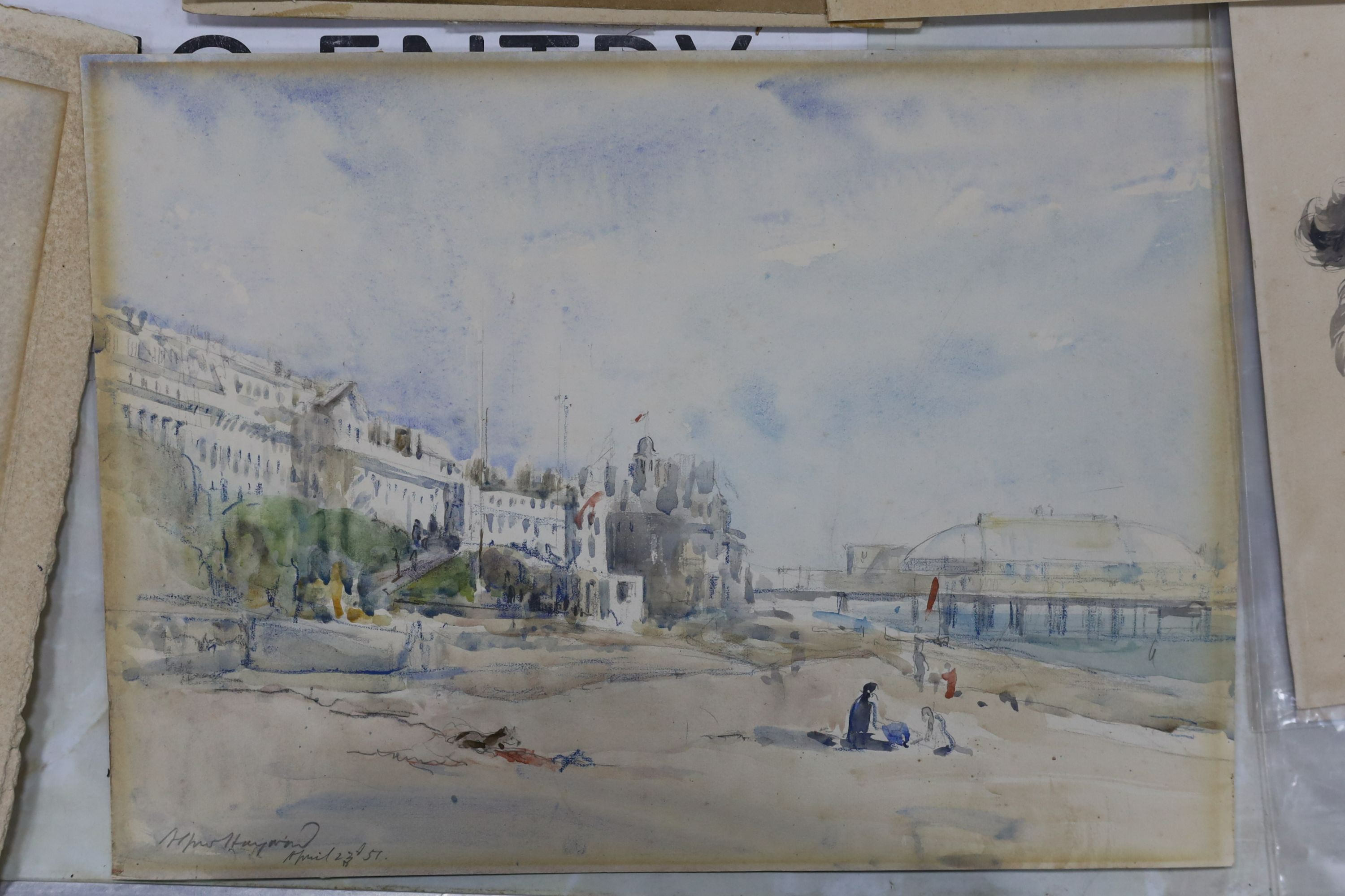 A group of assorted unframed watercolours and drawings including works by Arthur Hayward and Mary Claire Sherwood, together with a full length silhouette of a seated gentleman, largest 25 x 37cm